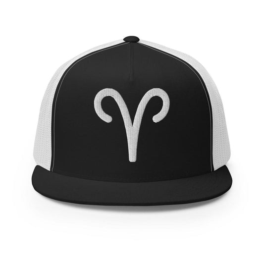 Aries Zodiac Embroidered Flat Bill Trucker Hat - Black/White Color - https://ascensionemporium.net