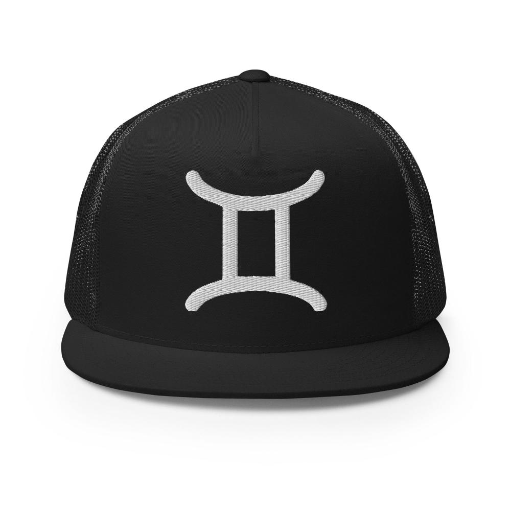Gemini Zodiac Embroidered Flat Bill Trucker Hat - Black Color - https://ascensionemporium.net