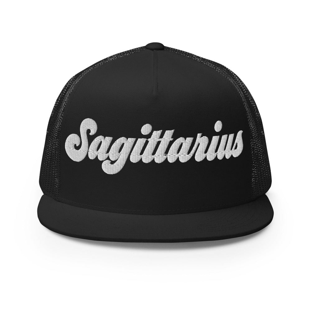 Sagittarius Zodiac Embroidered Flat Bill Trucker Hat - Black Color - https://ascensionemporium.net