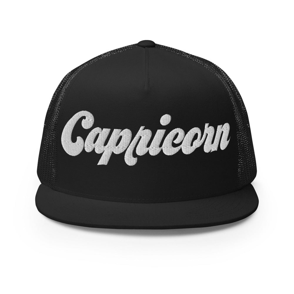 Capricorn Zodiac Embroidered Flat Bill Trucker Hat - Black Color - https://ascensionemporium.net
