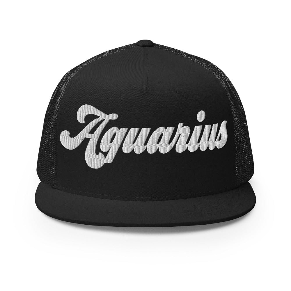 Aquarius Zodiac Embroidered Flat Bill Trucker Hat - Black Color - https://ascensionemporium.net