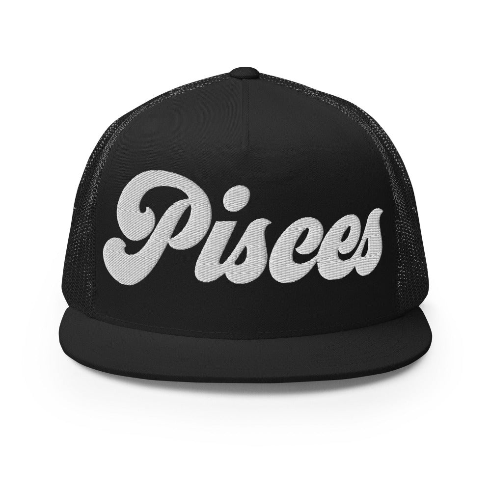 Pisces Zodiac Embroidered Flat Bill Trucker Hat - Black Color - https://ascensionemporium.net