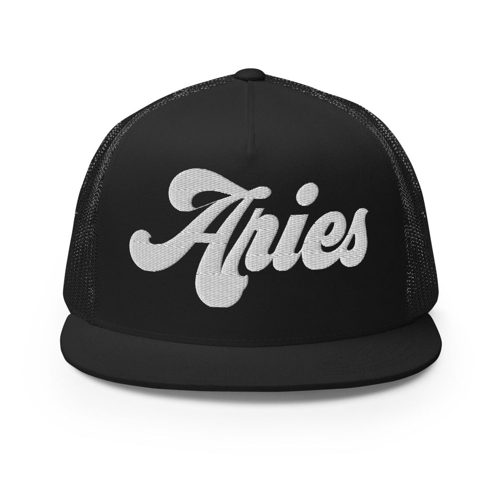 Aries Zodiac Embroidered Flat Bill Trucker Hat - Black Color - https://ascensionemporium.net