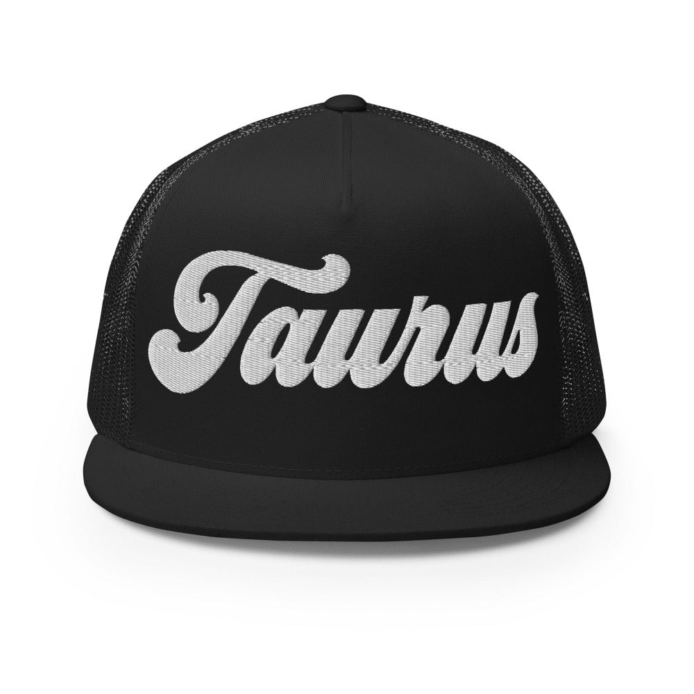 Taurus Zodiac Embroidered Flat Bill Trucker Hat - Black Color - https://ascensionemporium.net