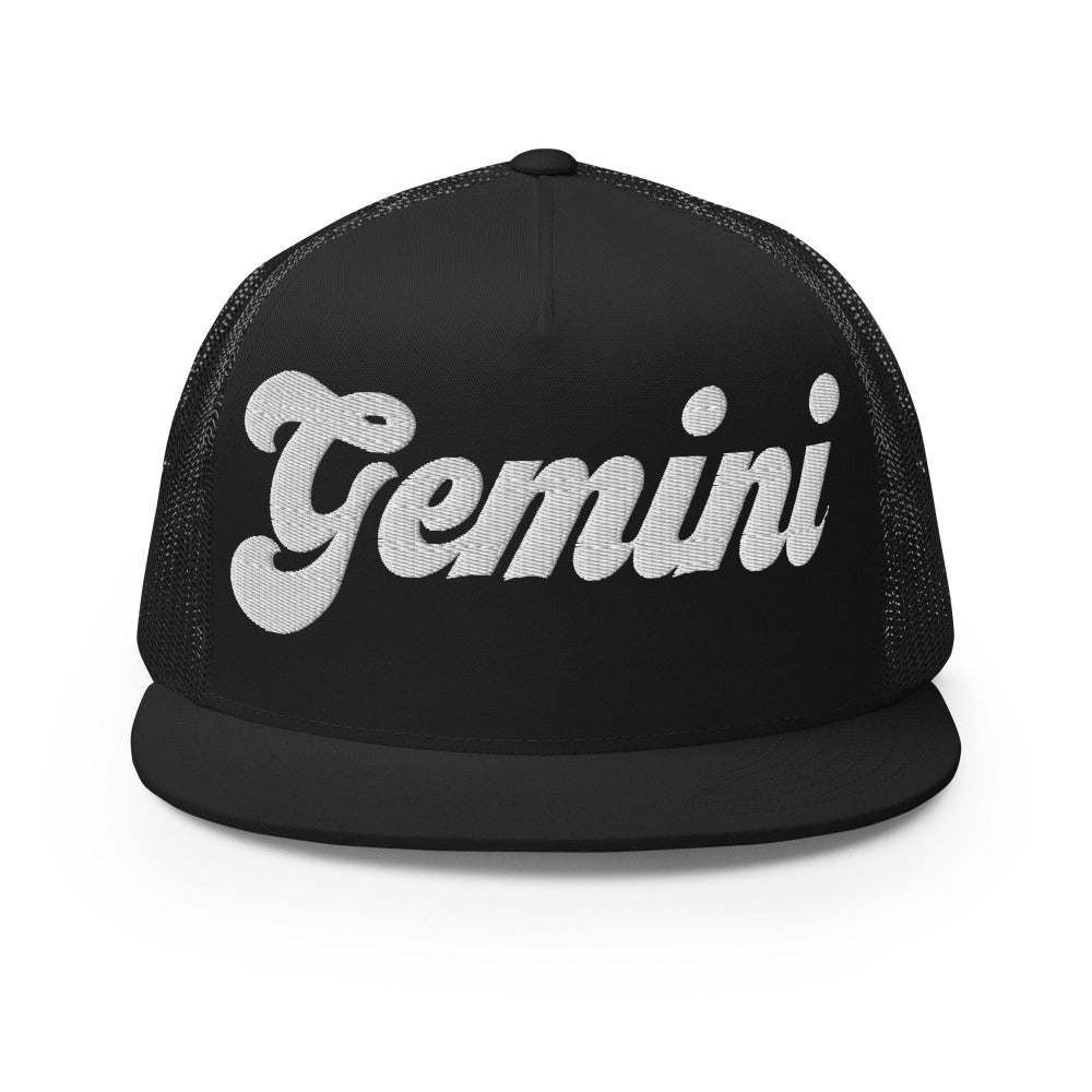 Gemini Zodiac Embroidered Flat Bill Trucker Hat - Black Color - https://ascensionemporium.net