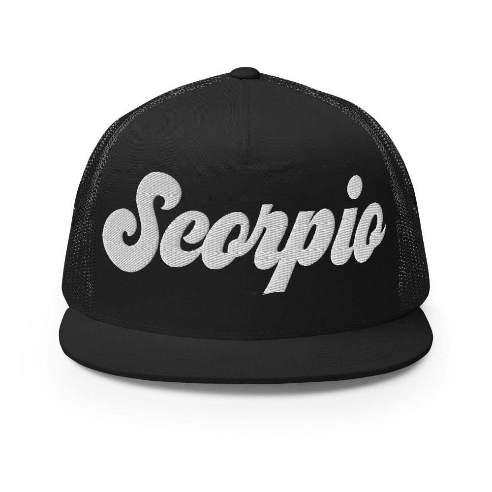 Scorpio Zodiac Embroidered Flat Bill Trucker Hat - Black Color - https://ascensionemporium.net