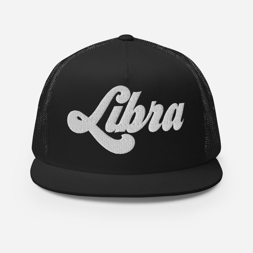 Libra Zodiac Embroidered Flat Bill Trucker Hat - Black Color - https://ascensionemporium.net