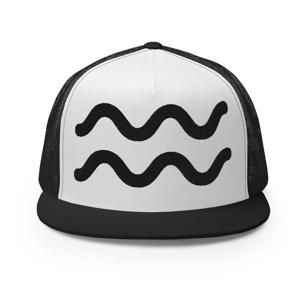 Aquarius Zodiac Embroidered Flat Bill Trucker Hat - Black/White/Black Color - https://ascensionemporium.net