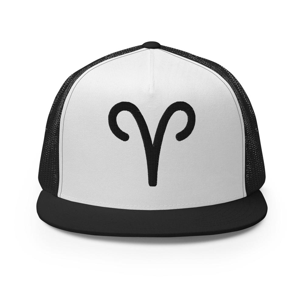 Aries Zodiac Embroidered Flat Bill Trucker Hat - Black/White Color - https://ascensionemporium.net