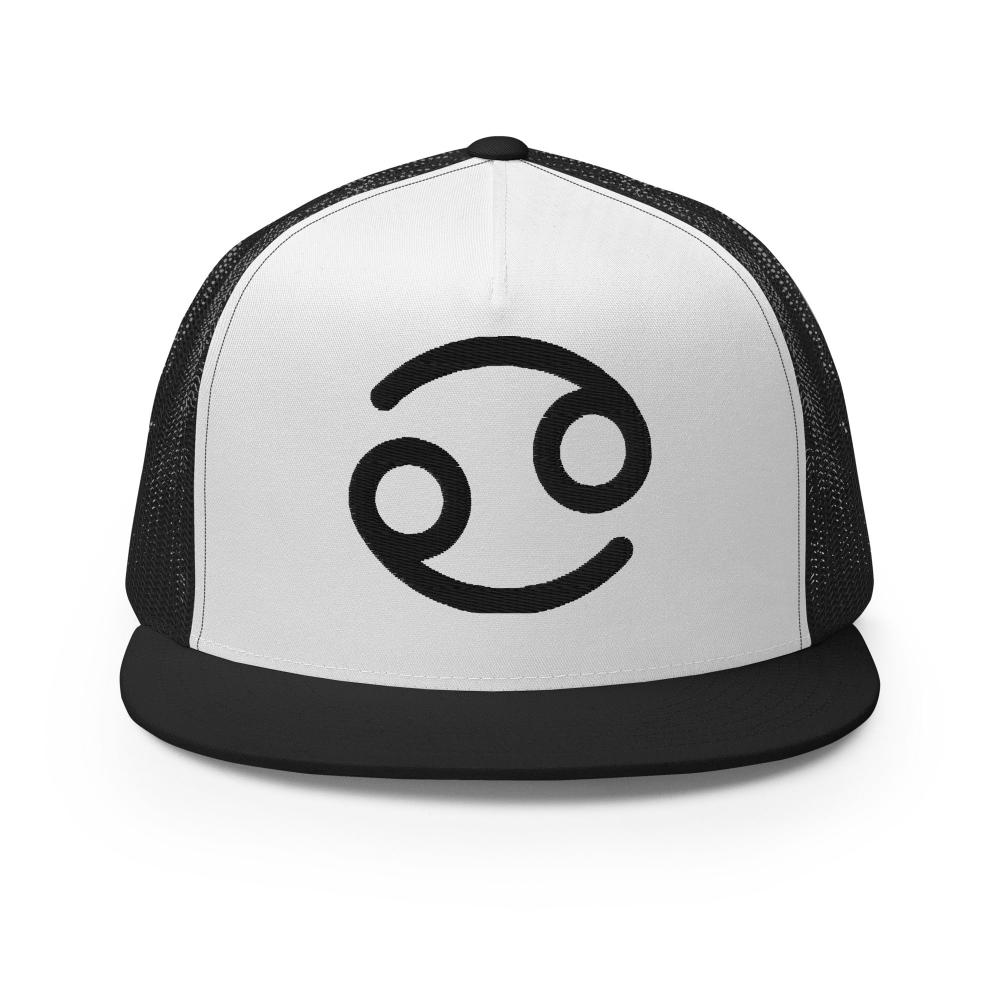 Cancer Zodiac Embroidered Flat Bill Trucker Hat - Black/White/Black Color - https://ascensionemporium.net