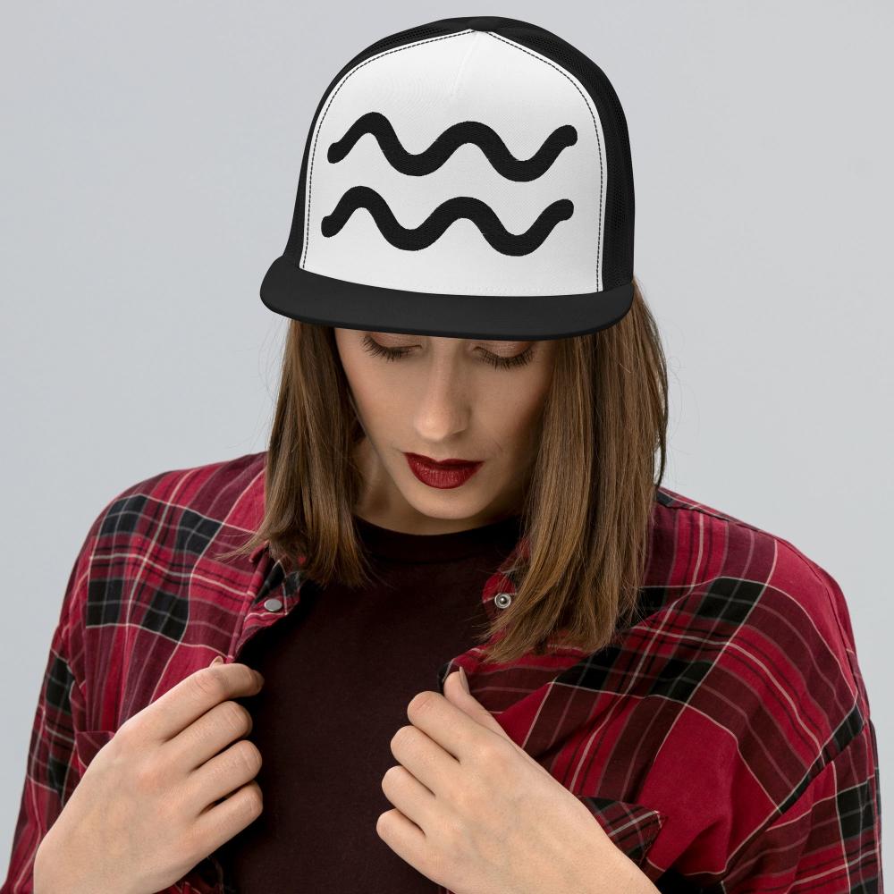 Aquarius Zodiac Embroidered Flat Bill Trucker Hat - White/Black Color - https://ascensionemporium.net