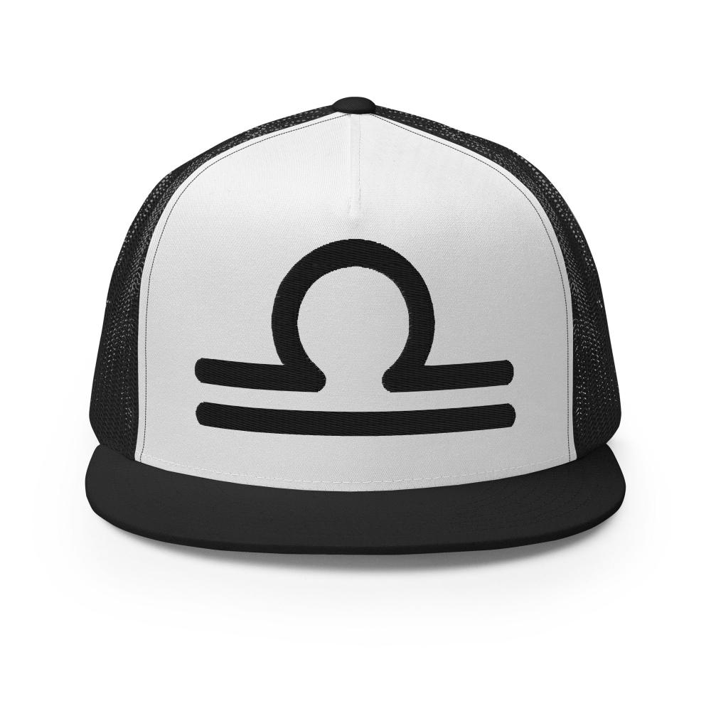 Libra Zodiac Embroidered Flat Bill Trucker Hat - Black/White/Black Color - https://ascensionemporium.net