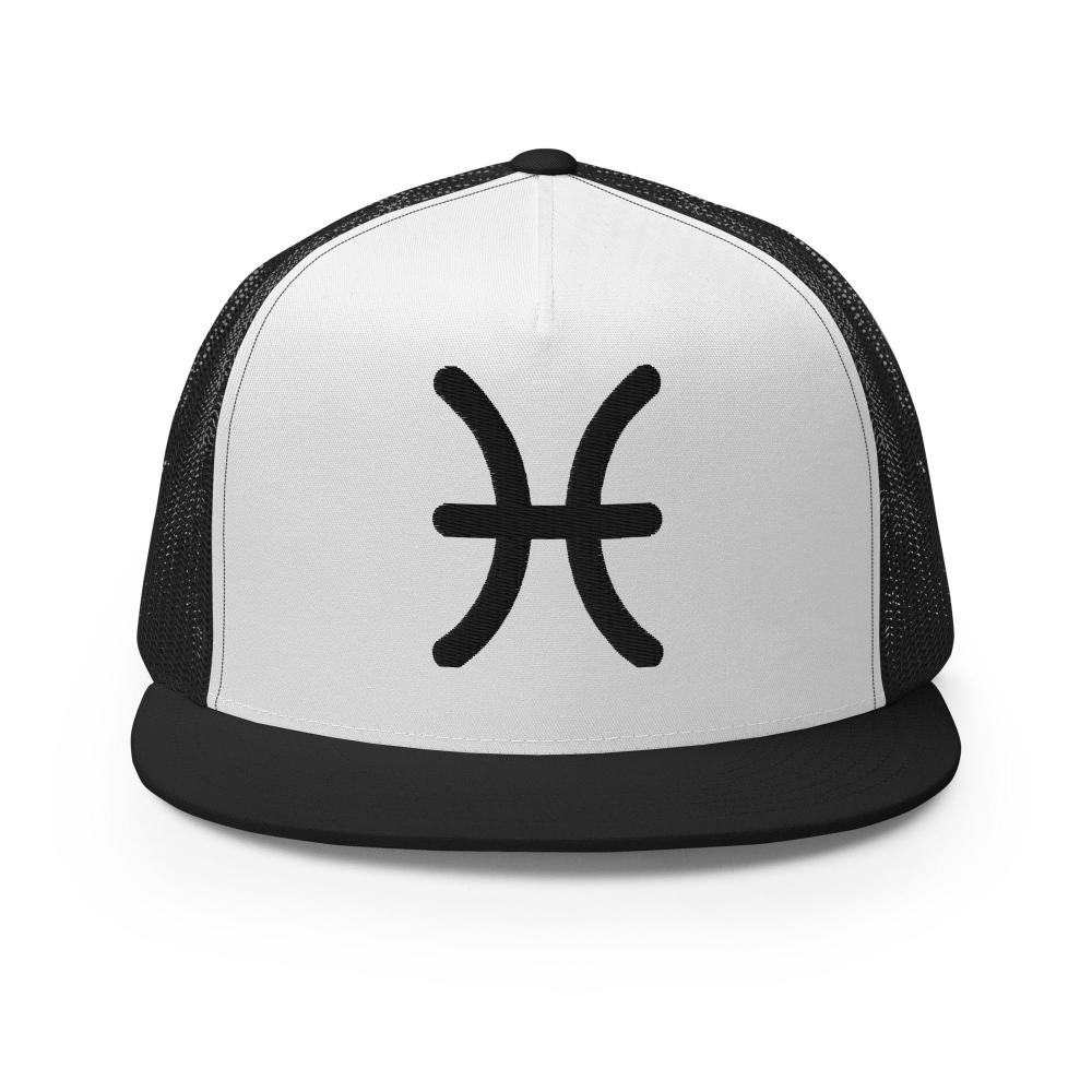 Pisces Zodiac Embroidered Flat Bill Trucker Hat - Black/White/Black Color - https://ascensionemporium.net