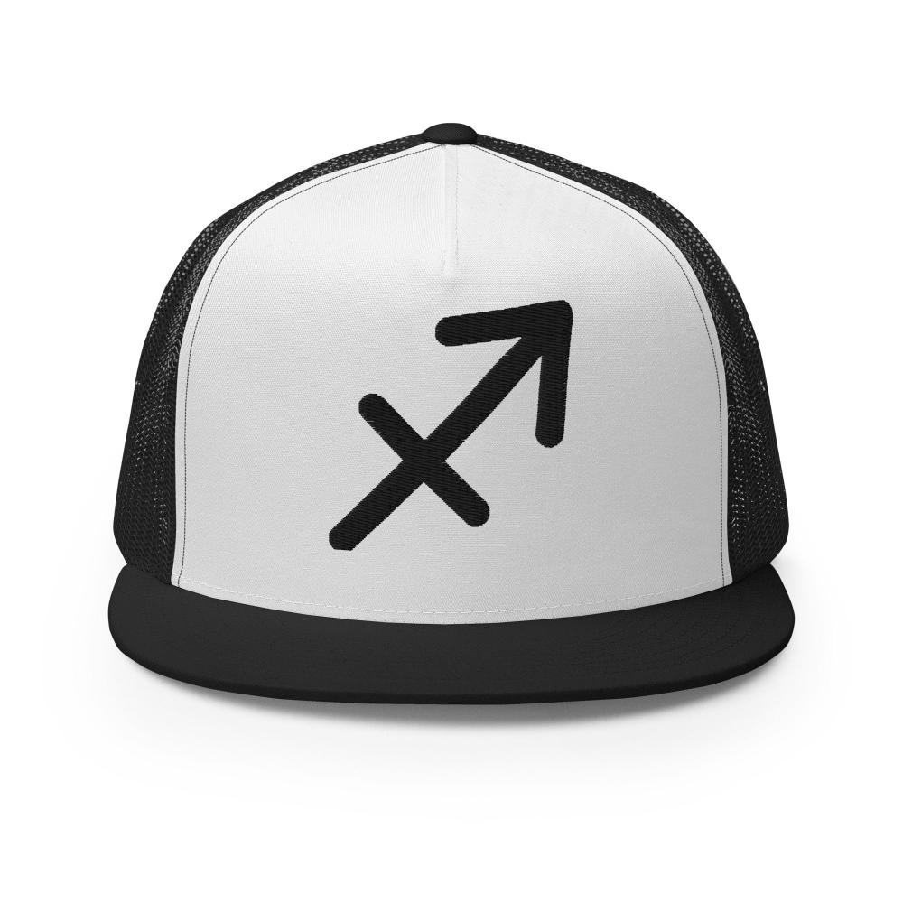 Sagittarius Zodiac Embroidered Flat Bill Trucker Hat - Black/White/Black Color - https://ascensionemporium.net