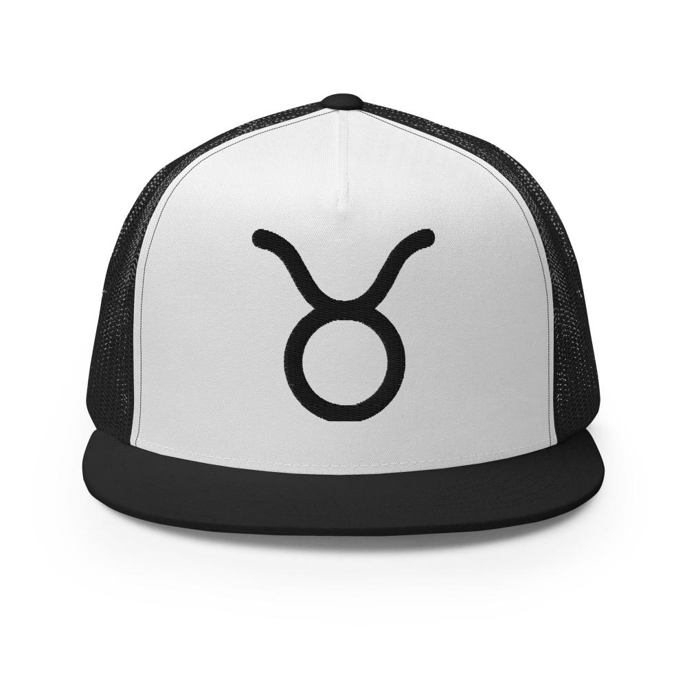 Taurus Zodiac Embroidered Flat Bill Trucker Hat - Black/White/Black Color - https://ascensionemporium.net