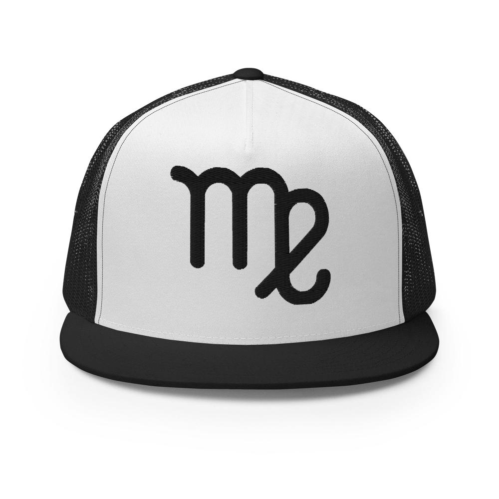 Virgo Zodiac Embroidered Flat Bill Trucker Hat - Black/White/Black Color - https://ascensionemporium.net