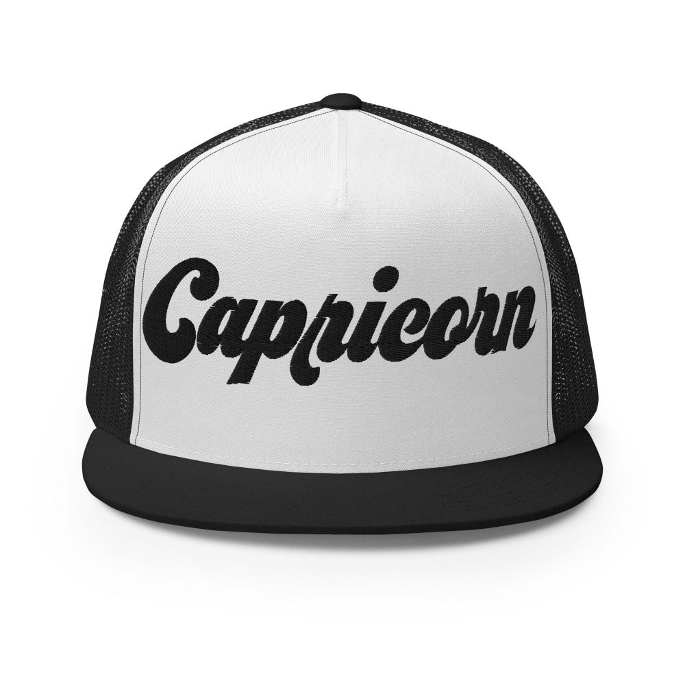Capricorn Zodiac Embroidered Flat Bill Trucker Hat - Black/White/Black Color - https://ascensionemporium.net