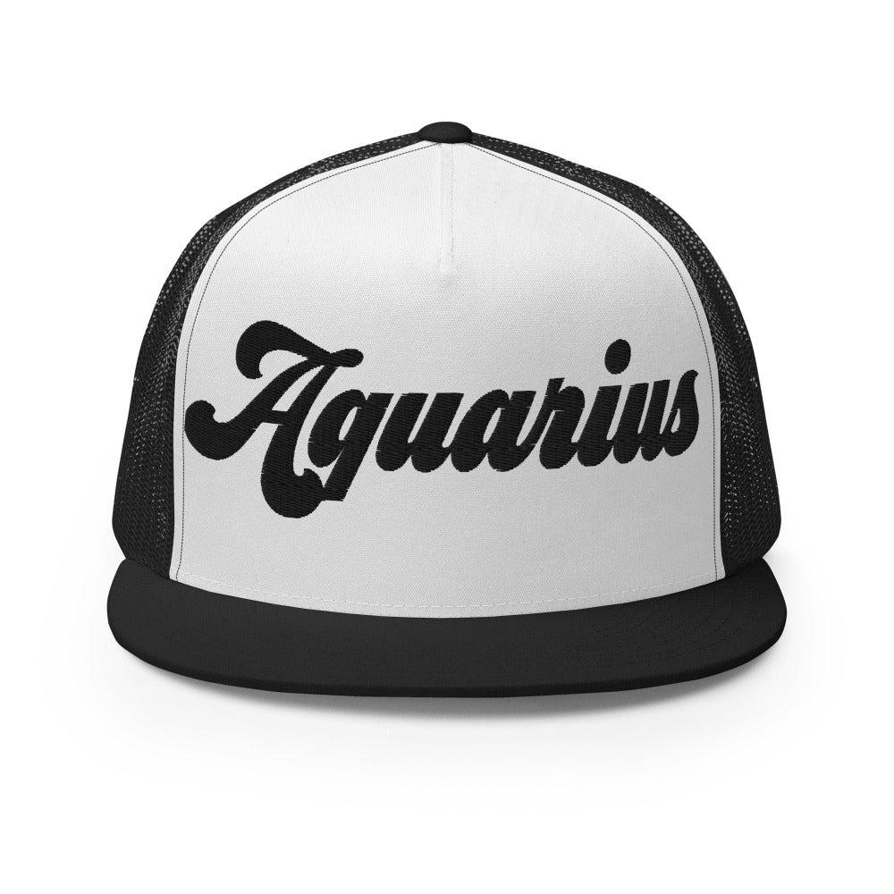 Aquarius Zodiac Embroidered Flat Bill Trucker Hat - Black/White/Black Color - https://ascensionemporium.net