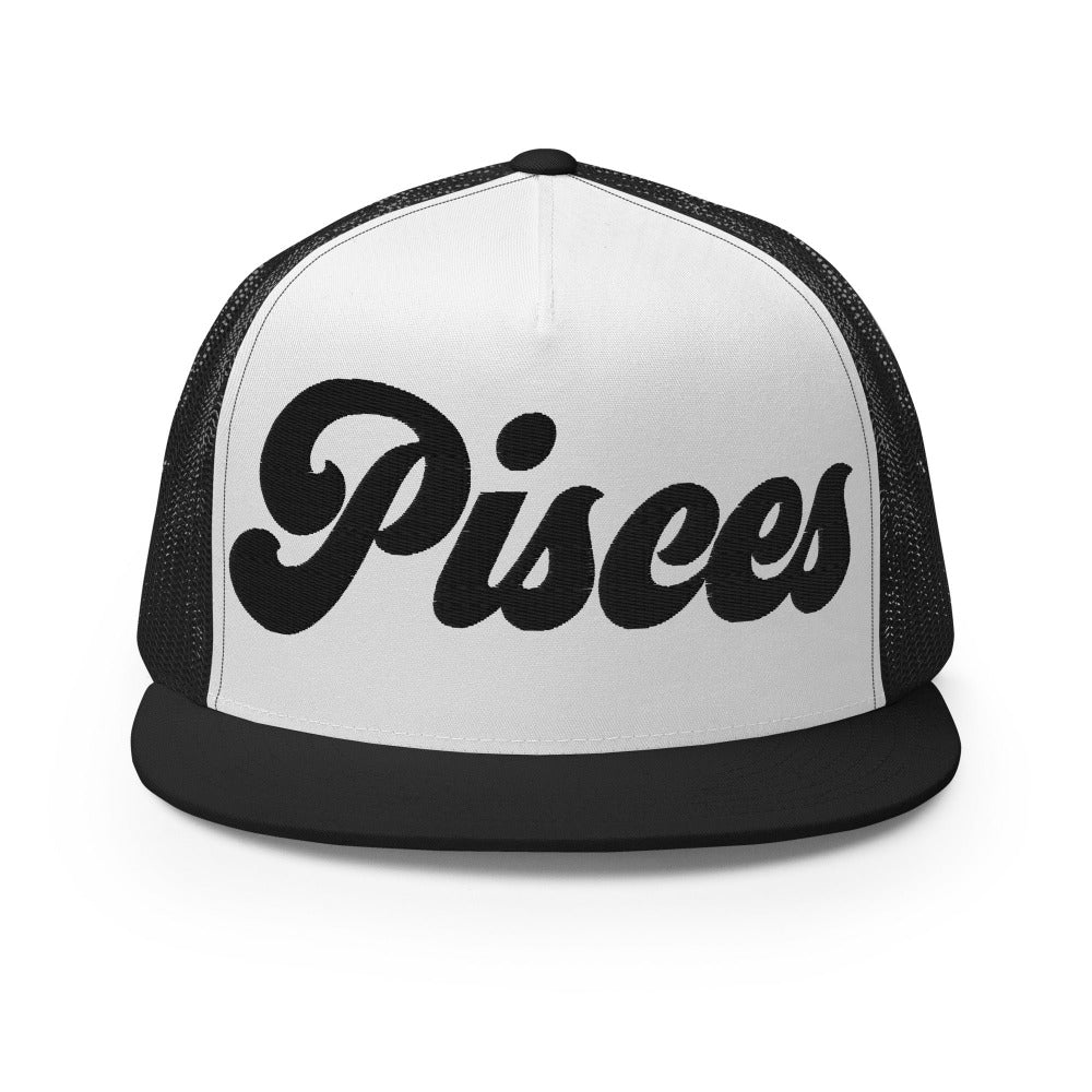 Pisces Zodiac Embroidered Flat Bill Trucker Hat - Black/White/Black Color - https://ascensionemporium.net