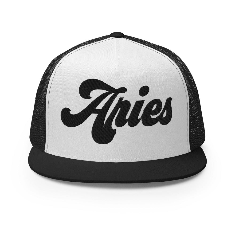 Aries Zodiac Embroidered Flat Bill Trucker Hat - Black/White/Black Color - https://ascensionemporium.net
