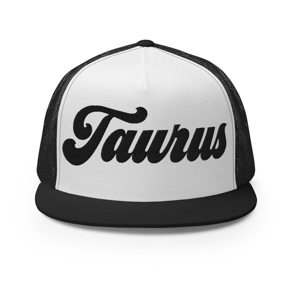 Taurus Zodiac Embroidered Flat Bill Trucker Hat - Black/White/Black Color - https://ascensionemporium.net