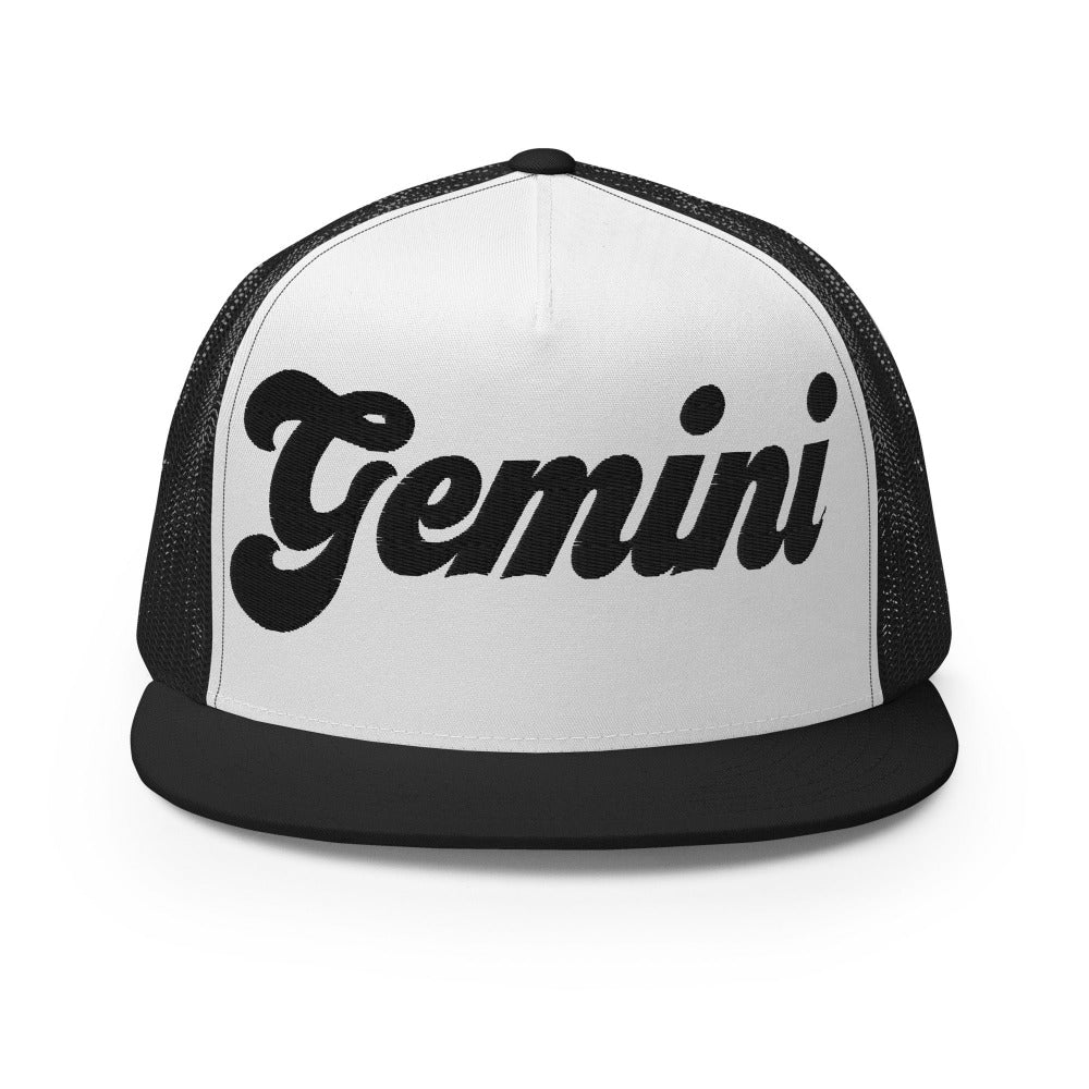 Gemini Zodiac Embroidered Flat Bill Trucker Hat - Black/White/Black Color - https://ascensionemporium.net