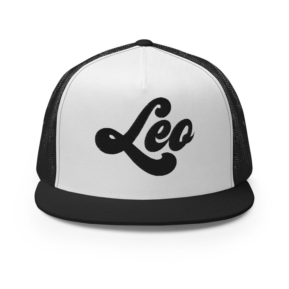 Leo Zodiac Embroidered Flat Bill Trucker Hat - Black/White/Black Color - https://ascensionemporium.net