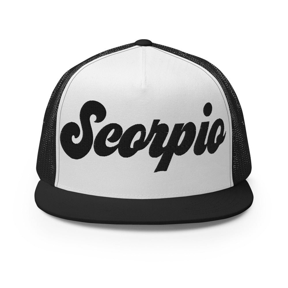 Scorpio Zodiac Embroidered Flat Bill Trucker Hat - Black/White/Black Color - https://ascensionemporium.net