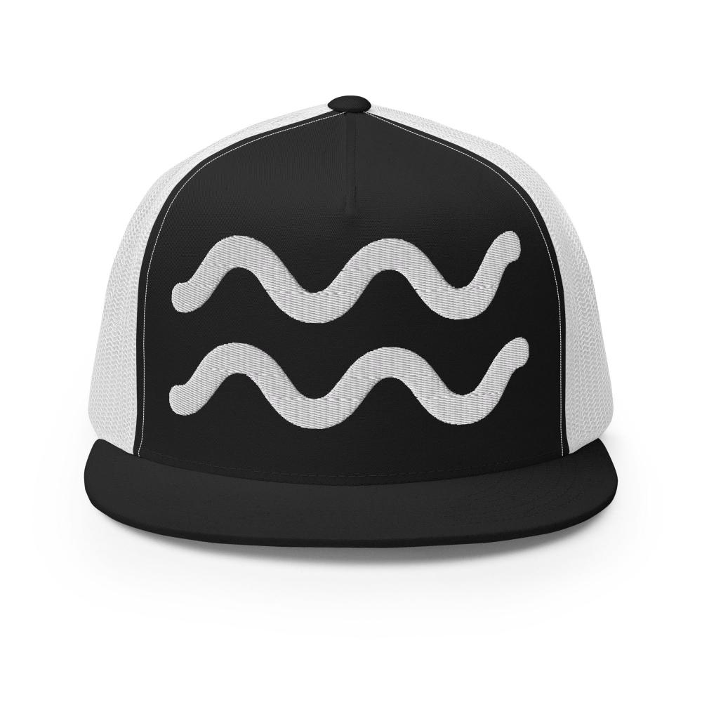 Aquarius Zodiac Embroidered Flat Bill Trucker Hat - Black/White Color - https://ascensionemporium.net