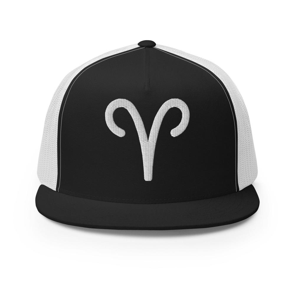 Aries Zodiac Embroidered Flat Bill Trucker Hat - Black/White Color - https://ascensionemporium.net