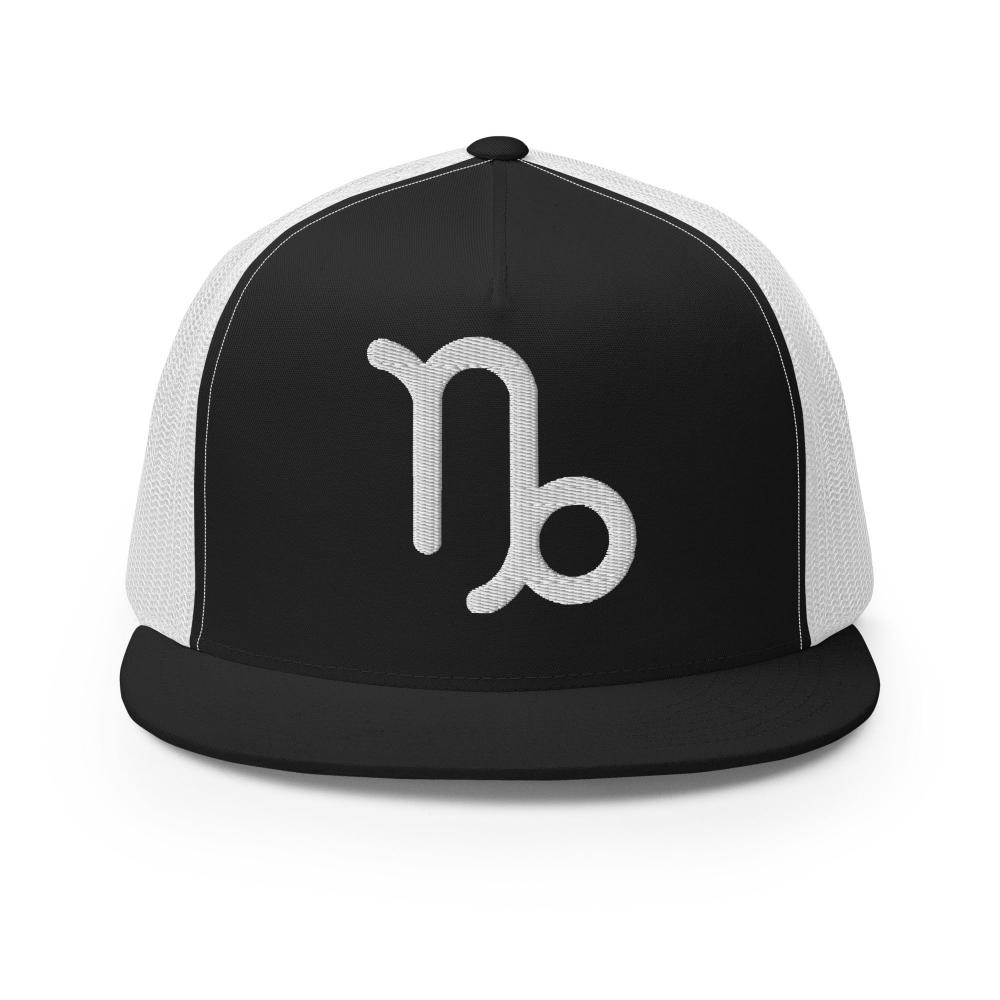 Capricorn Zodiac Embroidered Flat Bill Trucker Hat - Black/White Color - https://ascensionemporium.net
