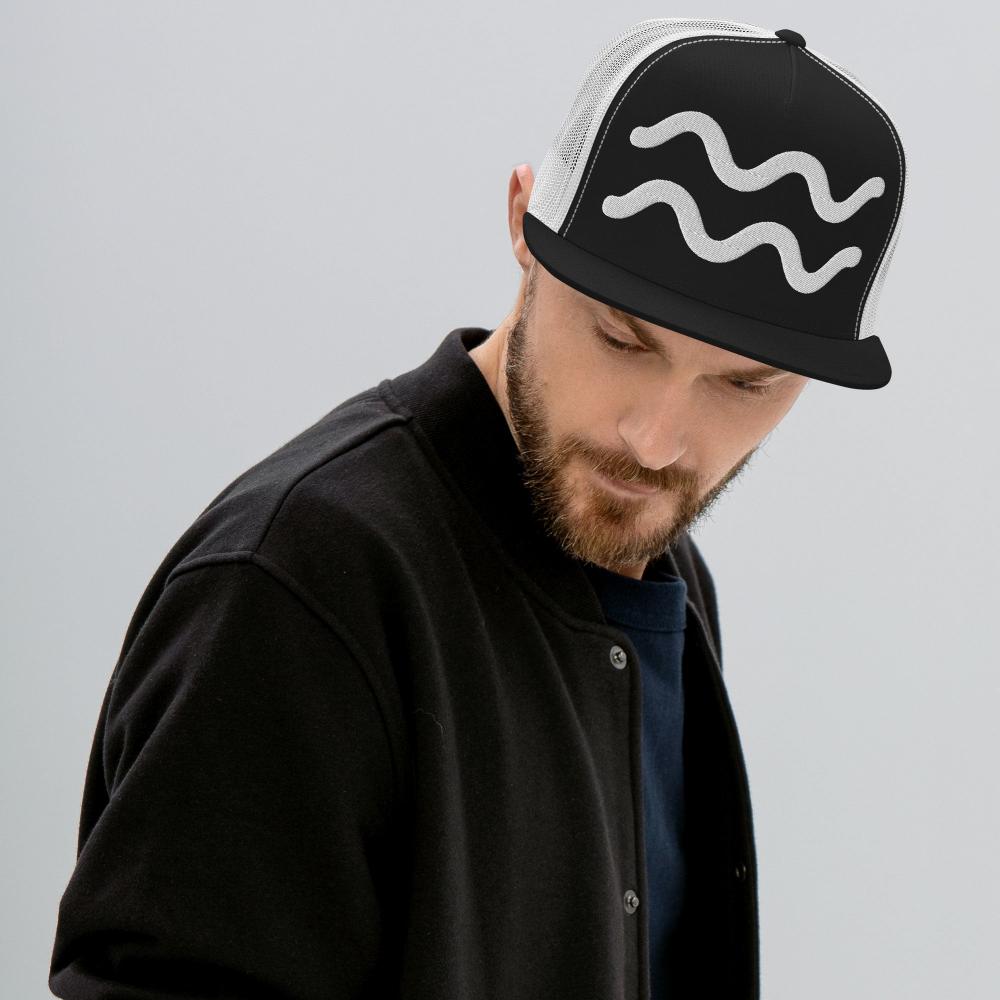 Aquarius Zodiac Embroidered Flat Bill Trucker Hat - Black/White Color - https://ascensionemporium.net