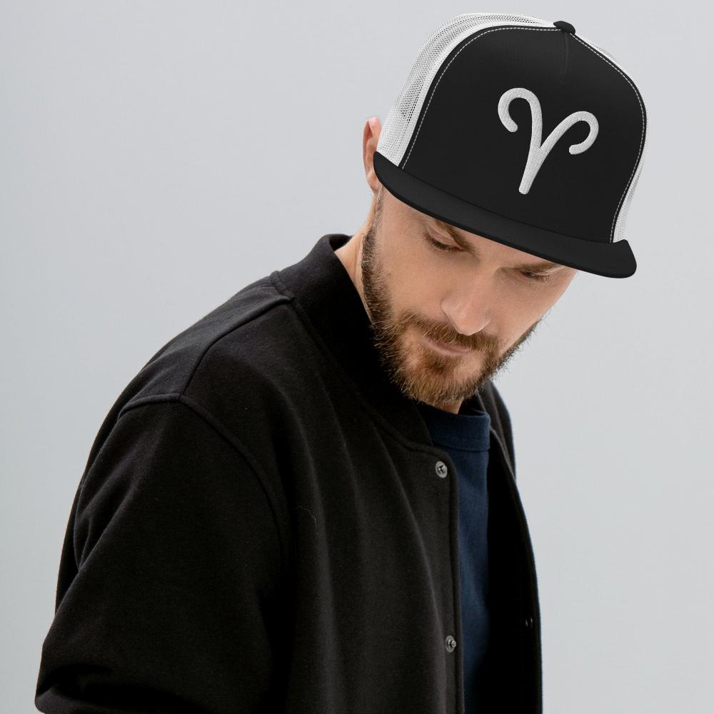 Aries Zodiac Embroidered Flat Bill Trucker Hat - Black/White Color - https://ascensionemporium.net