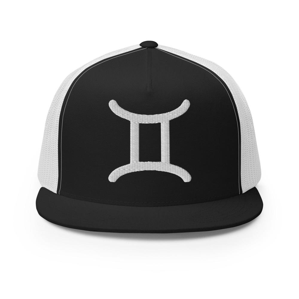 Gemini Zodiac Embroidered Flat Bill Trucker Hat - Black/White Color - https://ascensionemporium.net