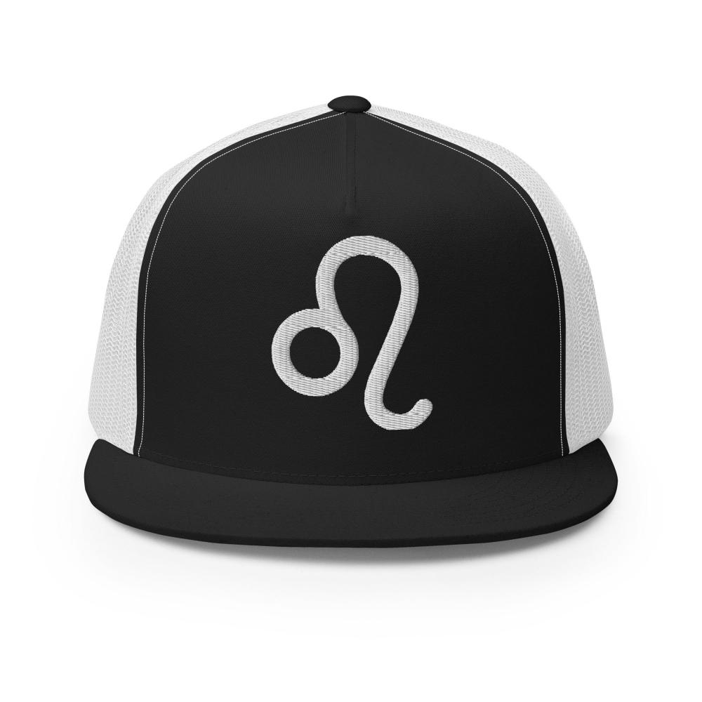 Leo Zodiac Embroidered Flat Bill Trucker Hat - Black/White Color - https://ascensionemporium.net