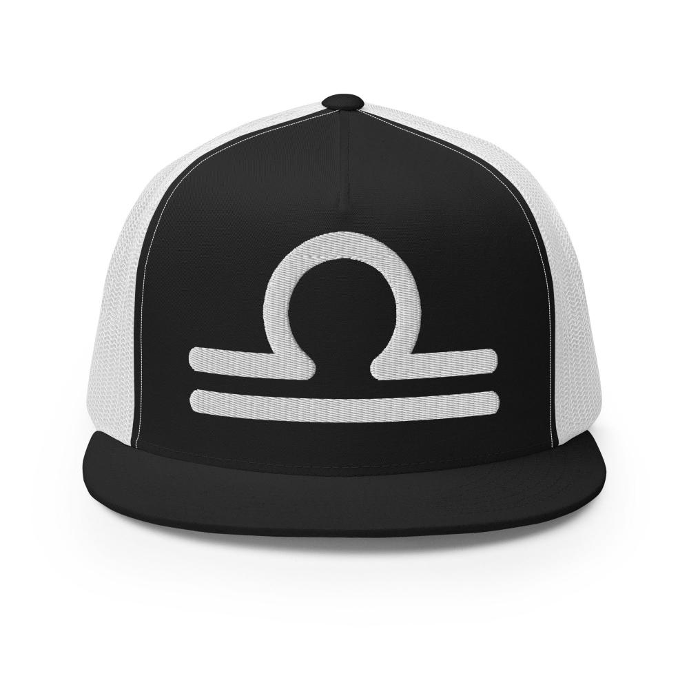 Libra Zodiac Embroidered Flat Bill Trucker Hat - Black/White Color - https://ascensionemporium.net