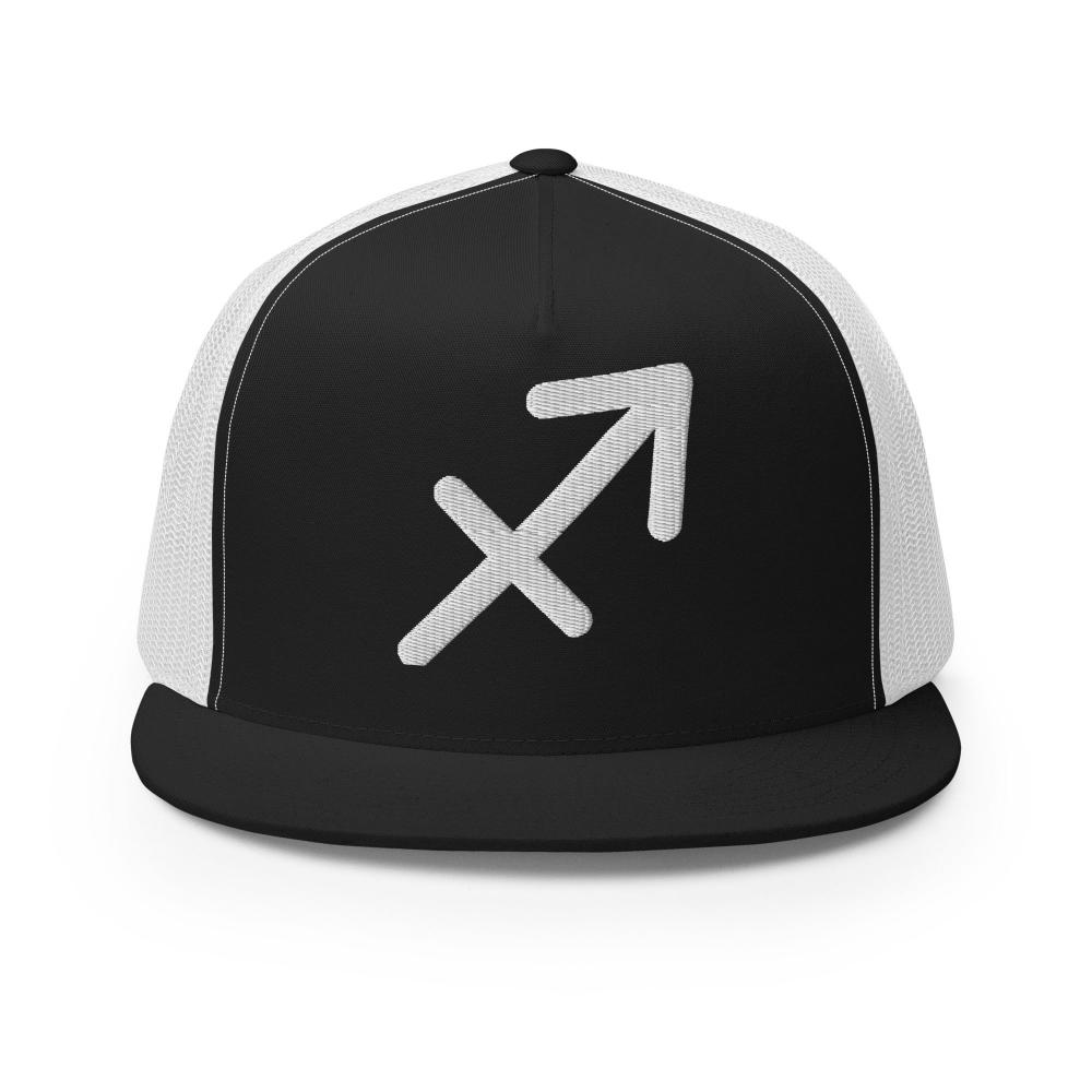 Sagittarius Zodiac Embroidered Flat Bill Trucker Hat - Black/White Color - https://ascensionemporium.net
