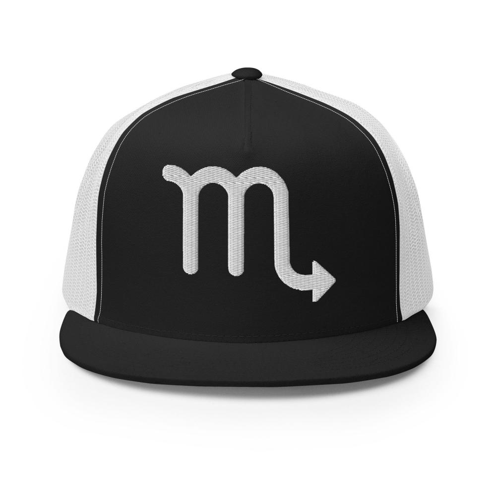 Scorpio Zodiac Embroidered Flat Bill Trucker Hat - Black/White Color - https://ascensionemporium.net