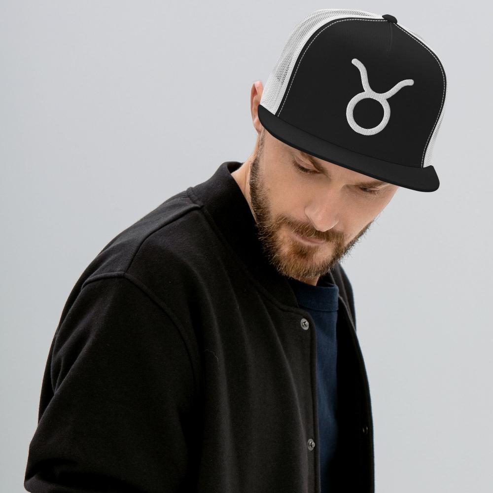 Taurus Zodiac Embroidered Flat Bill Trucker Hat - Black/White Color - https://ascensionemporium.net