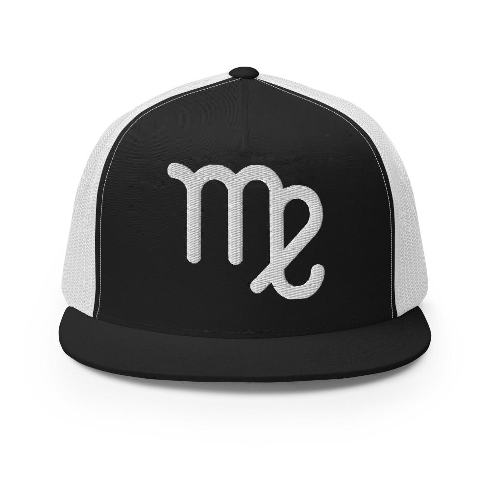 Virgo Zodiac Embroidered Flat Bill Trucker Hat - Black/White Color - https://ascensionemporium.net