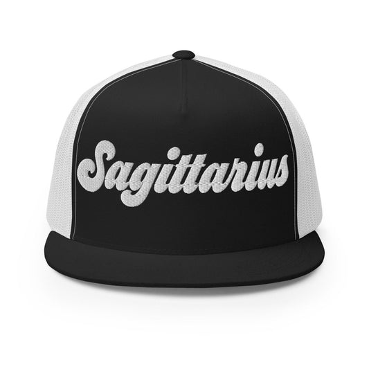 Sagittarius Zodiac Embroidered Flat Bill Trucker Hat - Black/White Color - https://ascensionemporium.net