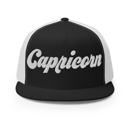 Capricorn Zodiac Embroidered Flat Bill Trucker Hat - Black/White Color - https://ascensionemporium.net