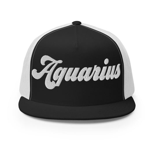 Aquarius Zodiac Embroidered Flat Bill Trucker Hat - Black/White Color - https://ascensionemporium.net