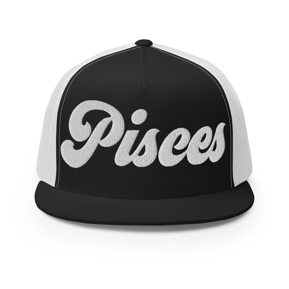 Pisces Zodiac Embroidered Flat Bill Trucker Hat - Black/White Color - https://ascensionemporium.net
