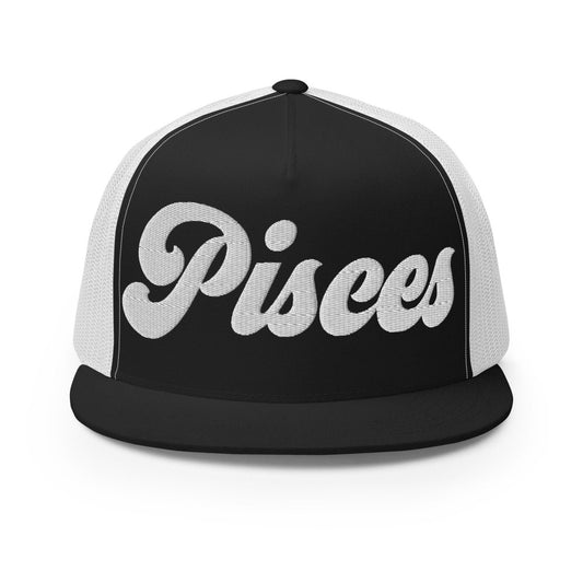 Pisces Zodiac Embroidered Flat Bill Trucker Hat - Black/White Color - https://ascensionemporium.net