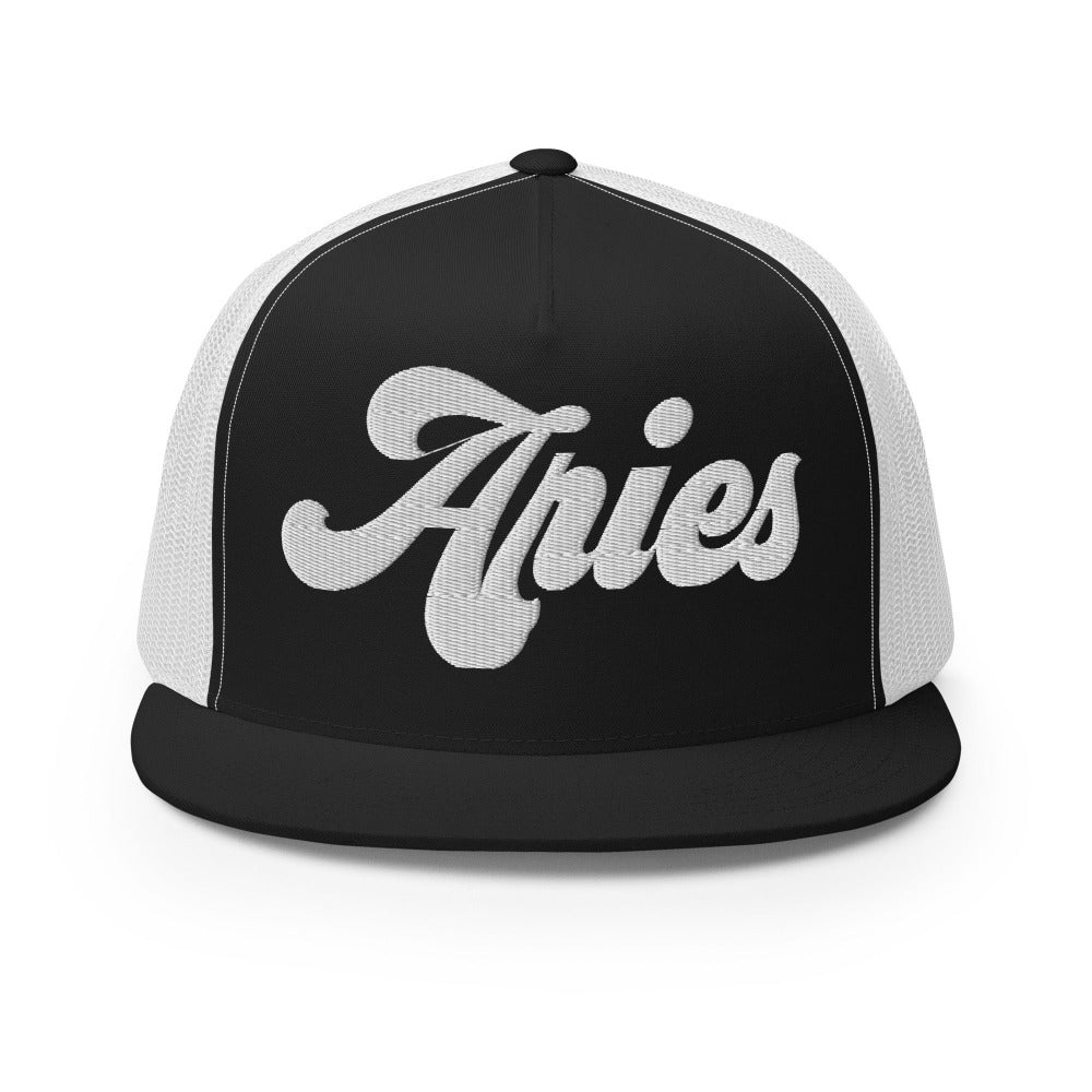 Aries Zodiac Embroidered Flat Bill Trucker Hat - Black/White Color - https://ascensionemporium.net