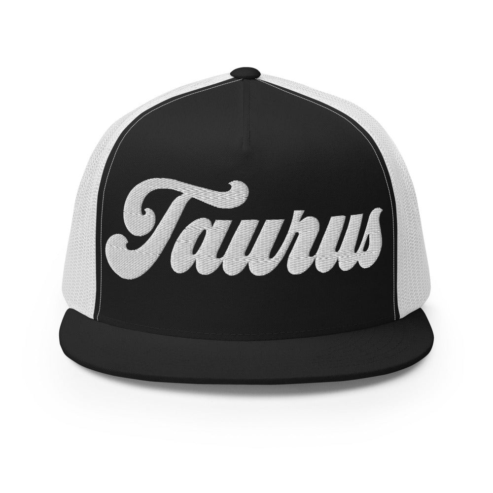 Taurus Zodiac Embroidered Flat Bill Trucker Hat - Black/White Color - https://ascensionemporium.net