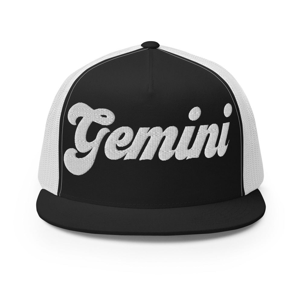 Gemini Zodiac Embroidered Flat Bill Trucker Hat - Black/White Color - https://ascensionemporium.net