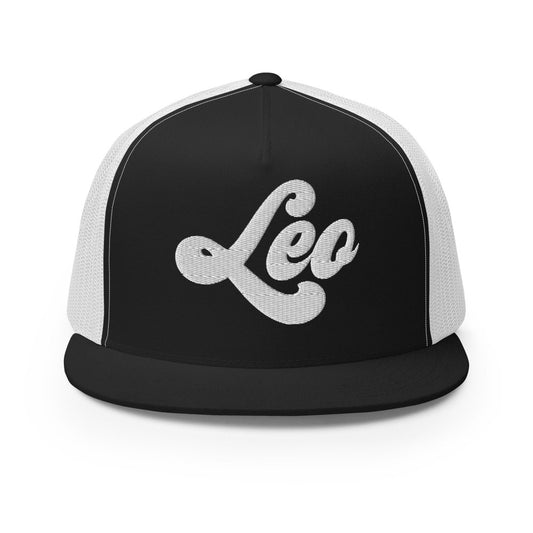 Leo Zodiac Embroidered Flat Bill Trucker Hat - Black/White Color - https://ascensionemporium.net