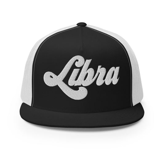 Libra Zodiac Embroidered Flat Bill Trucker Hat - Black/White Color - https://ascensionemporium.net